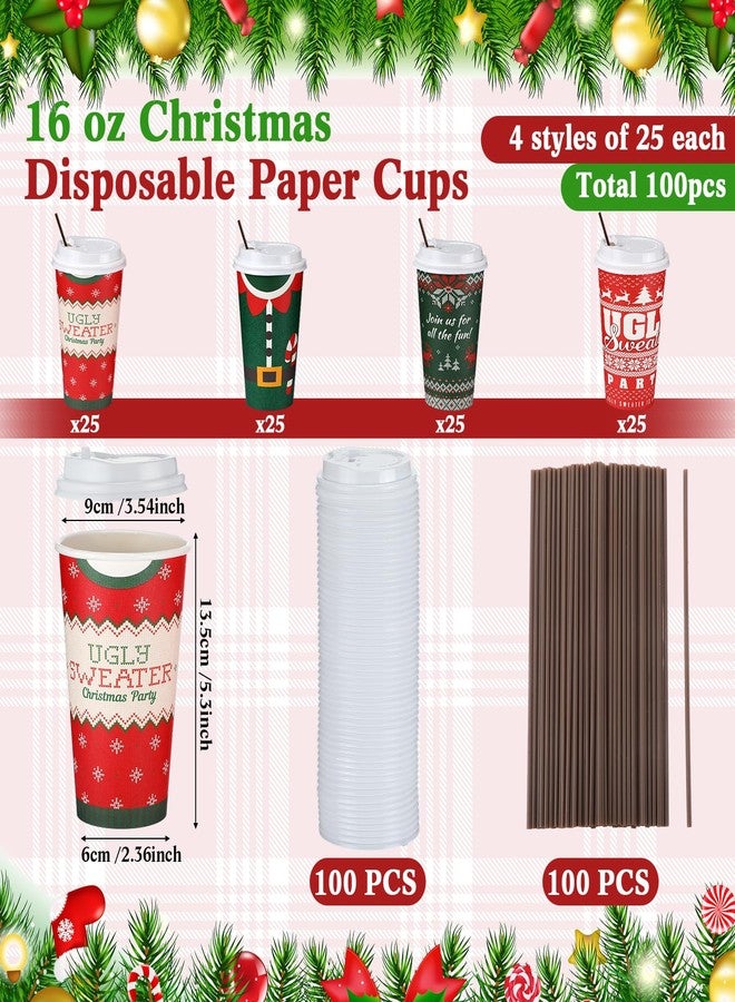 Nitial 100 Set Christmas Paper Cups 16 oz Disposable Coffee Cups with Lids Straw Christmas Paper Beverage Cups for Xmas Hot and Cold Drinks Tea Water Party Supplies(Ugly Design) - Image 2